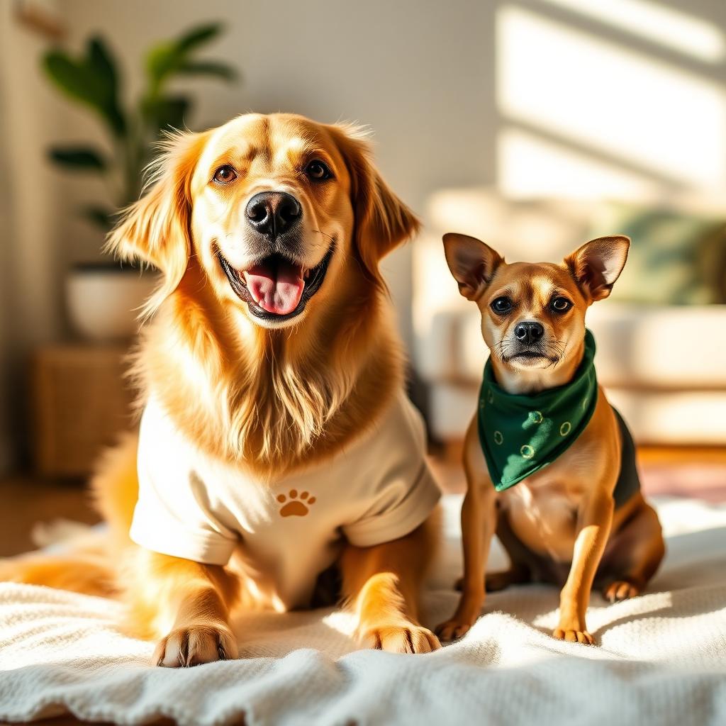 A golden retriever in a House of Johnson tee beside a small dog wearing a green bandana